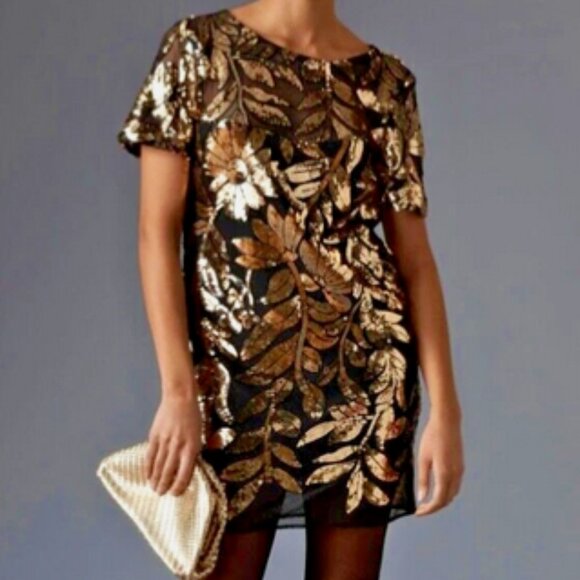 NWT Anthropologie Maeve Short-Sleeve Sheer Embellished Mini Dress Sz LP - Picture 1 of 10